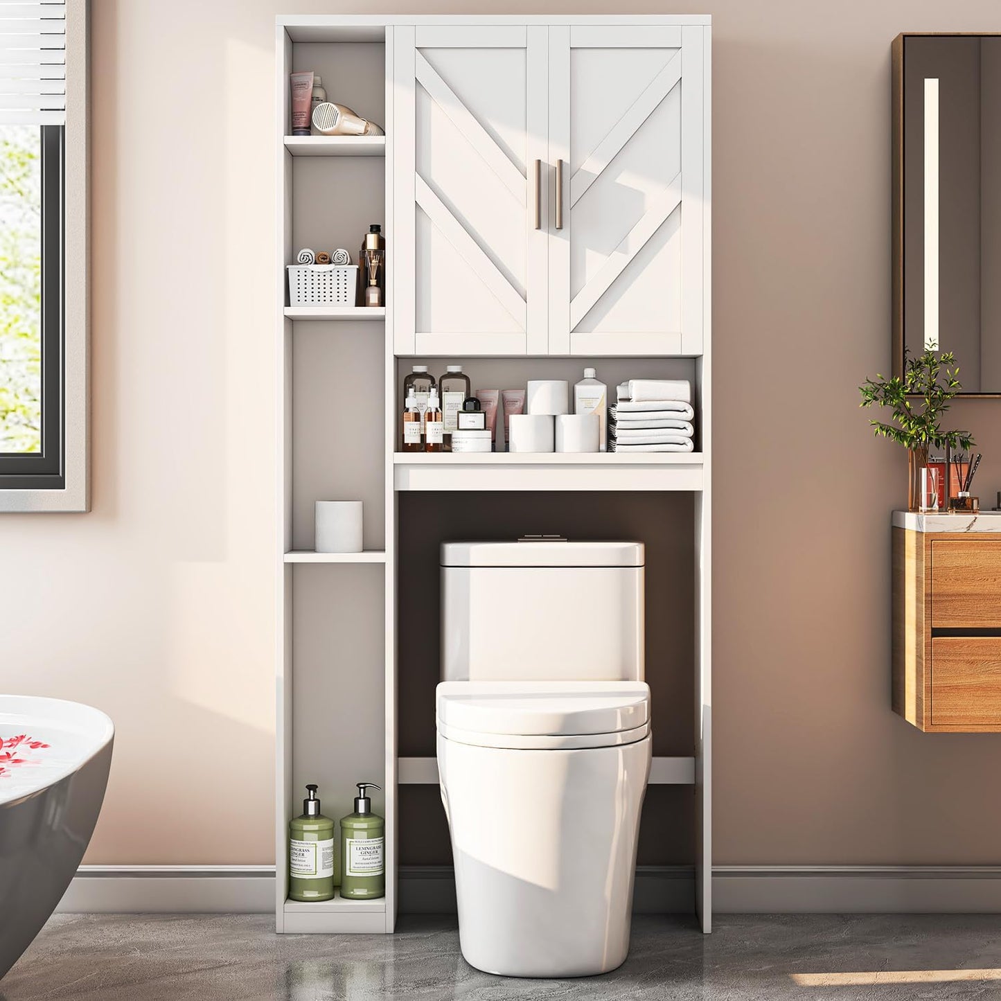 Over The Toilet Storage Cabinet with 7 Storage Shelves, Above Toilet Bathroom Organizer with Toilet Paper Holder Stand, Behind Toilet Cabinet, Space Saver for Restroom, Bathroom, Laundry, White