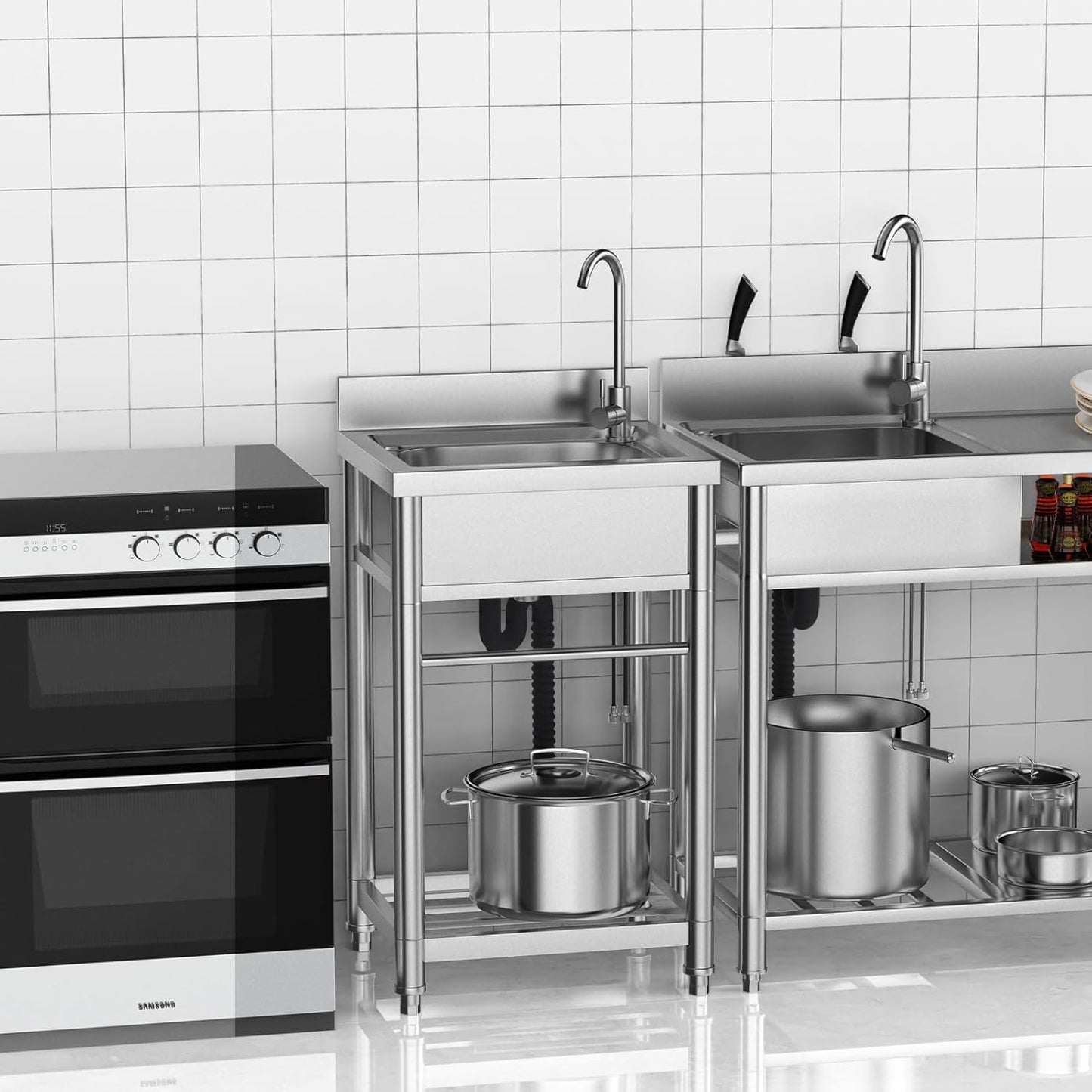 Stainless Steel Utility Sink, Single Bowl Set with Hot and Cold Faucet Water Pipe, Free Standing Commercial Sink for Kitchen Restaurant Laundry Garage Garden Backyard
