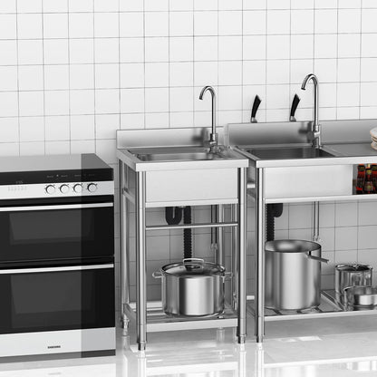 Stainless Steel Utility Sink, Single Bowl Set with Hot and Cold Faucet Water Pipe, Free Standing Commercial Sink for Kitchen Restaurant Laundry Garage Garden Backyard