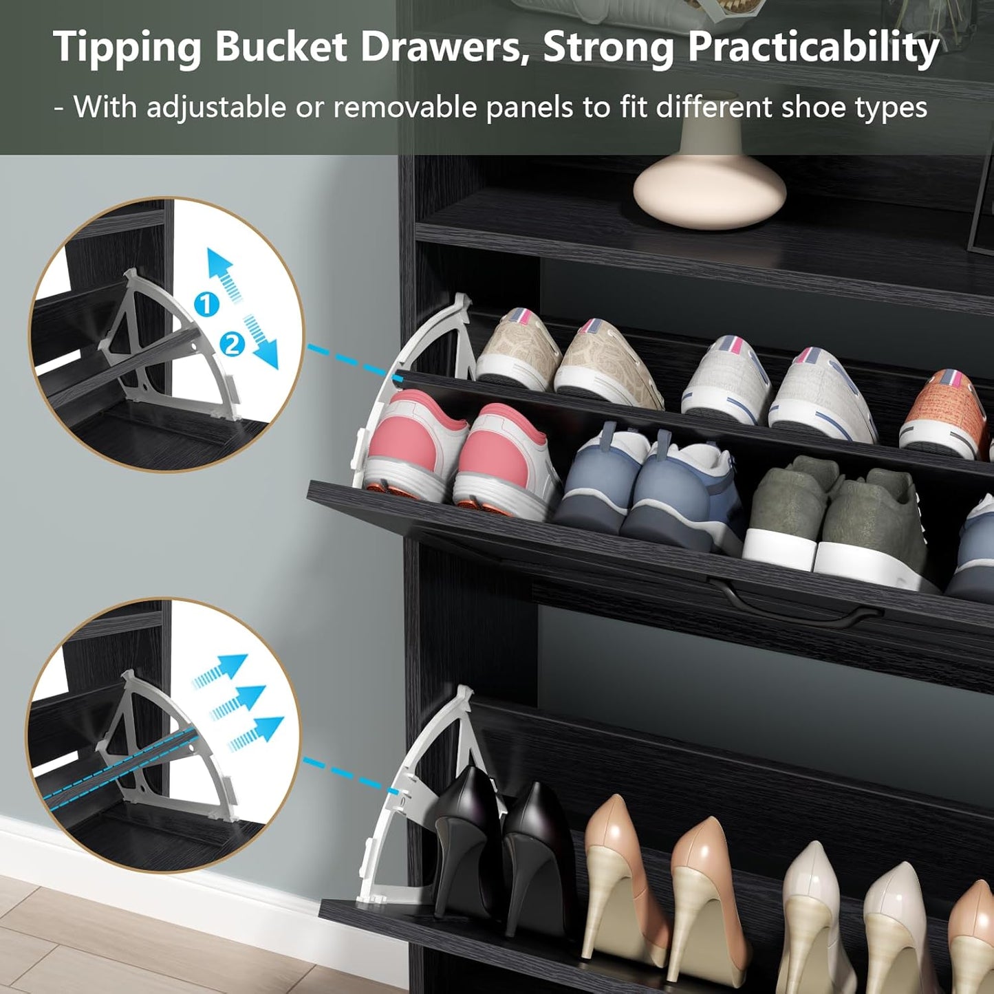 Shoe Cabinet, Freestanding Tipping Bucket Shoe Storage Cabinet with 2 Flip Drawers, Entryway Shoe Rack with Storage Top Cubby, Narrow Slim Hidden Shoe Organizer with Doors (Black)