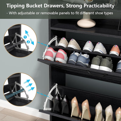 Shoe Cabinet, Freestanding Tipping Bucket Shoe Storage Cabinet with 2 Flip Drawers, Entryway Shoe Rack with Storage Top Cubby, Narrow Slim Hidden Shoe Organizer with Doors (Black)