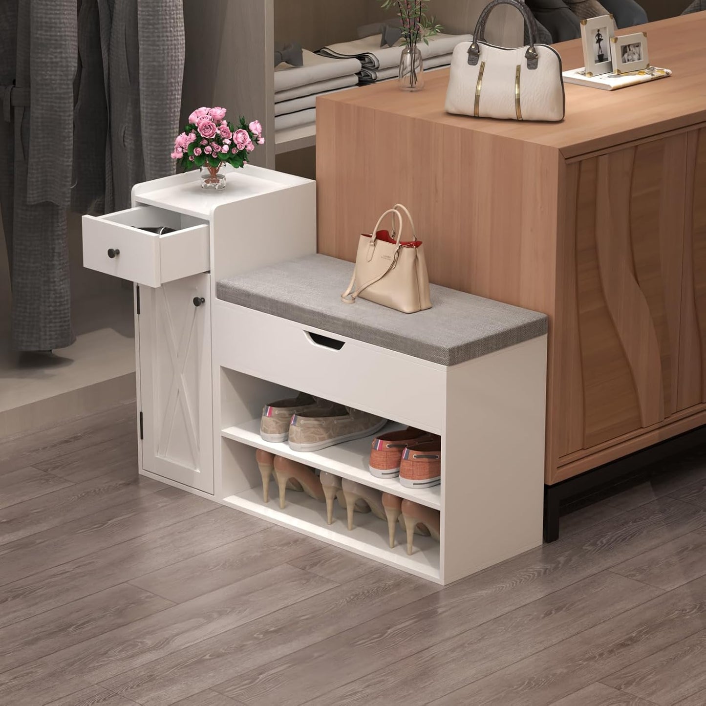 Shoe Storage Bench, 2-Tier Farmhouse Entryway Bench with Lift Top Storage Box, Drawer & Soft Removable Seat Cushion, Silm Shoe Rack with Shoe Cabinet for Entryway, Hallway, Bedroom, White