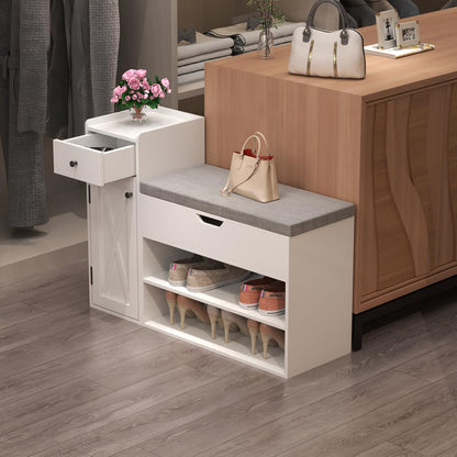 Shoe Storage Bench, 2-Tier Farmhouse Entryway Bench with Lift Top Storage Box, Drawer & Soft Removable Seat Cushion, Silm Shoe Rack with Shoe Cabinet for Entryway, Hallway, Bedroom, White