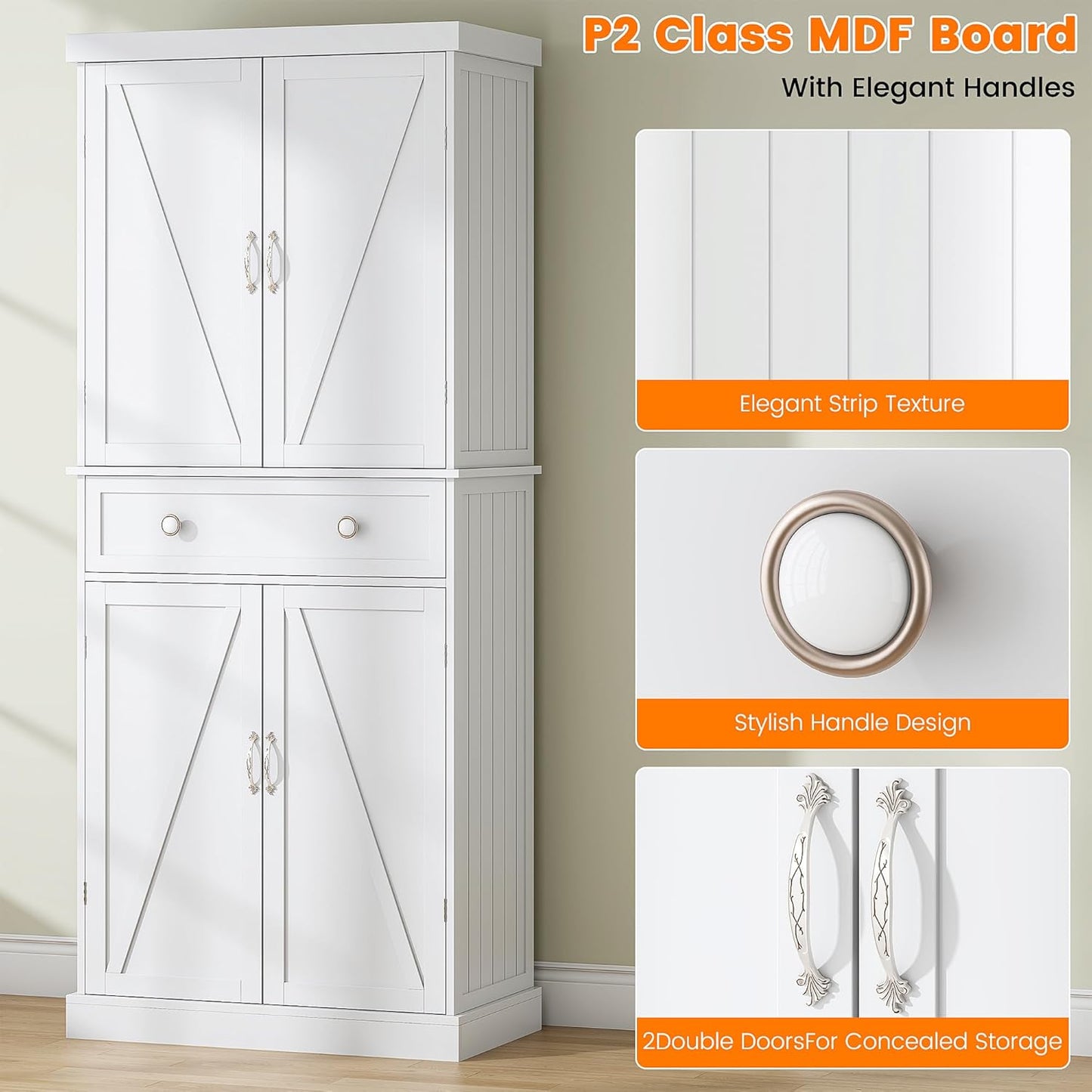 72“ Kitchen Pantry Cabinet White, Tall Pantry Storage Cabinet with Adjustable Shelves and Drawer, Kitchen Buffet Cupboards Sideboard for Home Office Use (16" D x 30" W x 72" H)