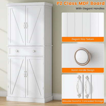 72“ Kitchen Pantry Cabinet White, Tall Pantry Storage Cabinet with Adjustable Shelves and Drawer, Kitchen Buffet Cupboards Sideboard for Home Office Use (16" D x 30" W x 72" H)