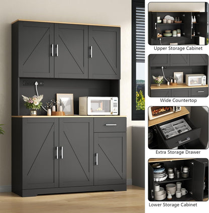 71’’ Farmhouse Kitchen Pantry Cabinet, Tall Storage Cabinet with Power Outlet, Freestanding Hutch with Drawer, 4 Adjustable Shelf & 6 Doors for Kitchen Living Room (Black)