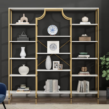 Triple Wide Bookshelf, 70.87" W/H Large Tall Etagere Bookcase, Modern 13-Open Shelves Geometric Bookshelf, Display Storage Metal Book Case, for Bedroom, Home Office & Living Room, Gold & White