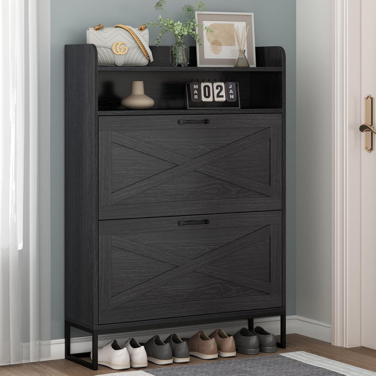 Shoe Cabinet, Freestanding Tipping Bucket Shoe Storage Cabinet with 2 Flip Drawers, Entryway Shoe Rack with Storage Top Cubby, Narrow Slim Hidden Shoe Organizer with Doors (Black)