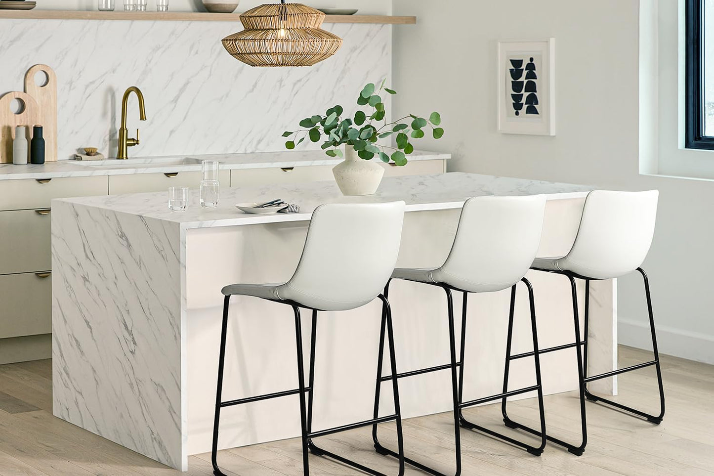 Counter Height Bar Stools Set of 2,Barstools with Back,Faux Leather Counter Stools for Kitchen Island,Modern Bar Chairs with Metal Legs(White, 26")