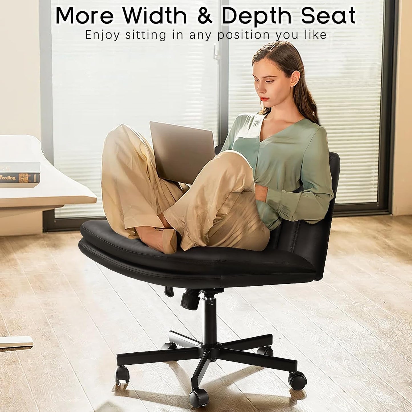 Modern Black Criss Cross Office Chair, Comfy Cross Legged Desk Chair with Wheels, PU Leather Armless Makeup Vanity Chair, Swivel Height Adjustable Mid Back Wide Seat Computer Task Chair
