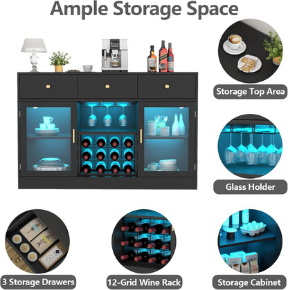 Wine Bar Cabinet with LED Light, Home Coffee Cabinet with Wine and Glass Rack, Kitchen Buffet Sideboard with Storage Cabinet&Drawers, Modern Liquor Cabinet for Living Room Dining Room (Black.)
