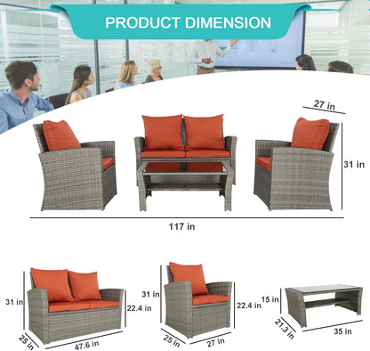 4-Piece Outdoor Rattan Patio Furniture Set Wicker Chairs Table w/ Cushions