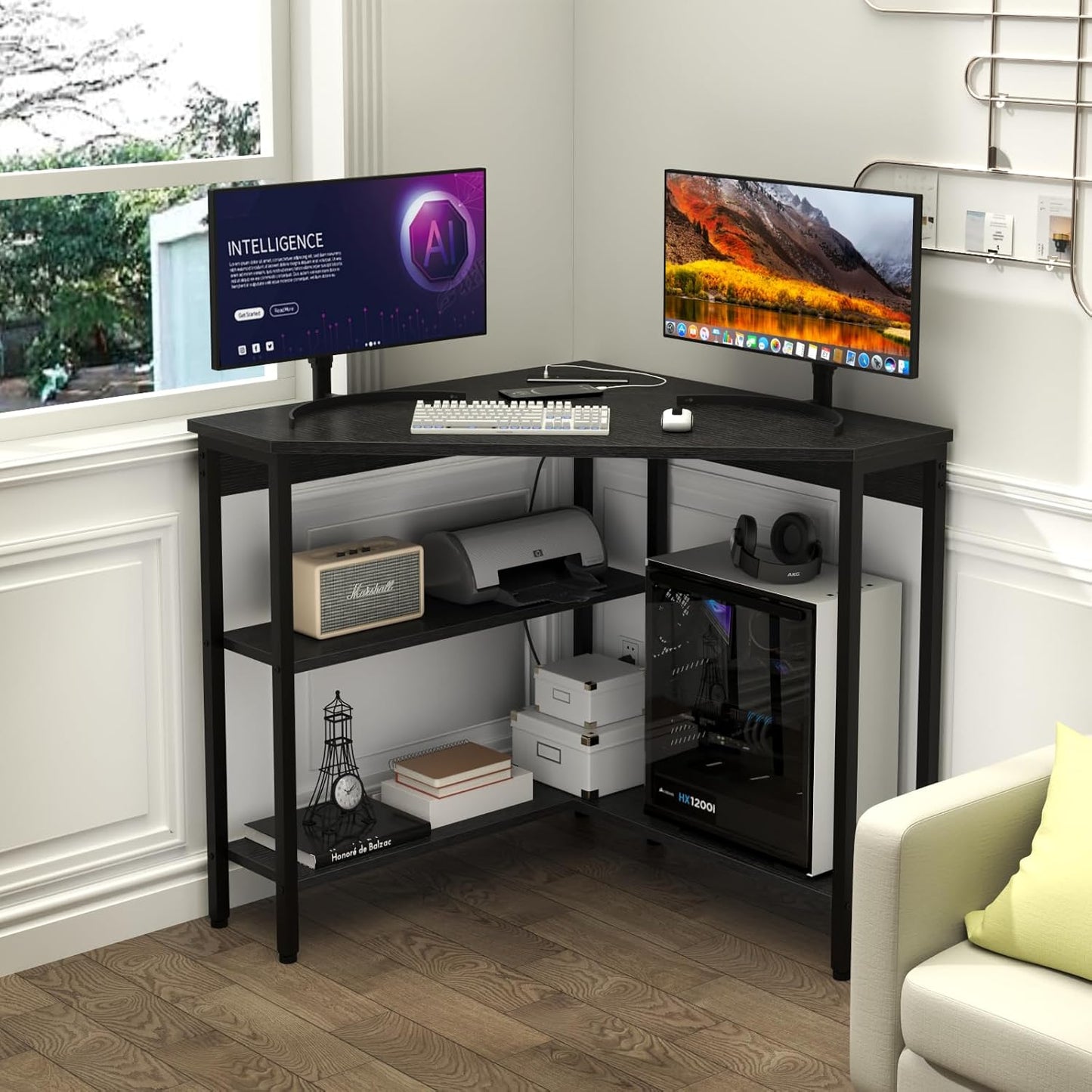 Corner Desk with Outlets & USB Ports, 90 Degree Triangle Corner Table with CPU Stand & Storage Shelves for Small Space, Computer Table with Charging Station for Home Office Bedroom (Black)