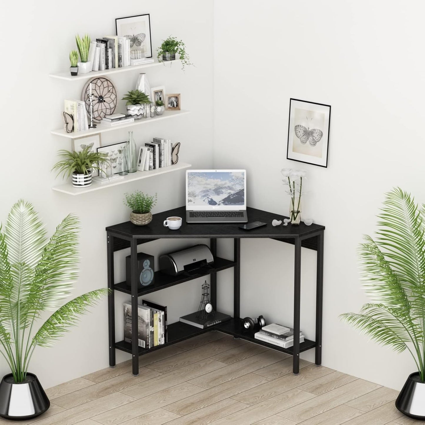 Corner Desk with Outlets & USB Ports, 90 Degree Triangle Corner Table with CPU Stand & Storage Shelves for Small Space, Computer Table with Charging Station for Home Office Bedroom (Black)