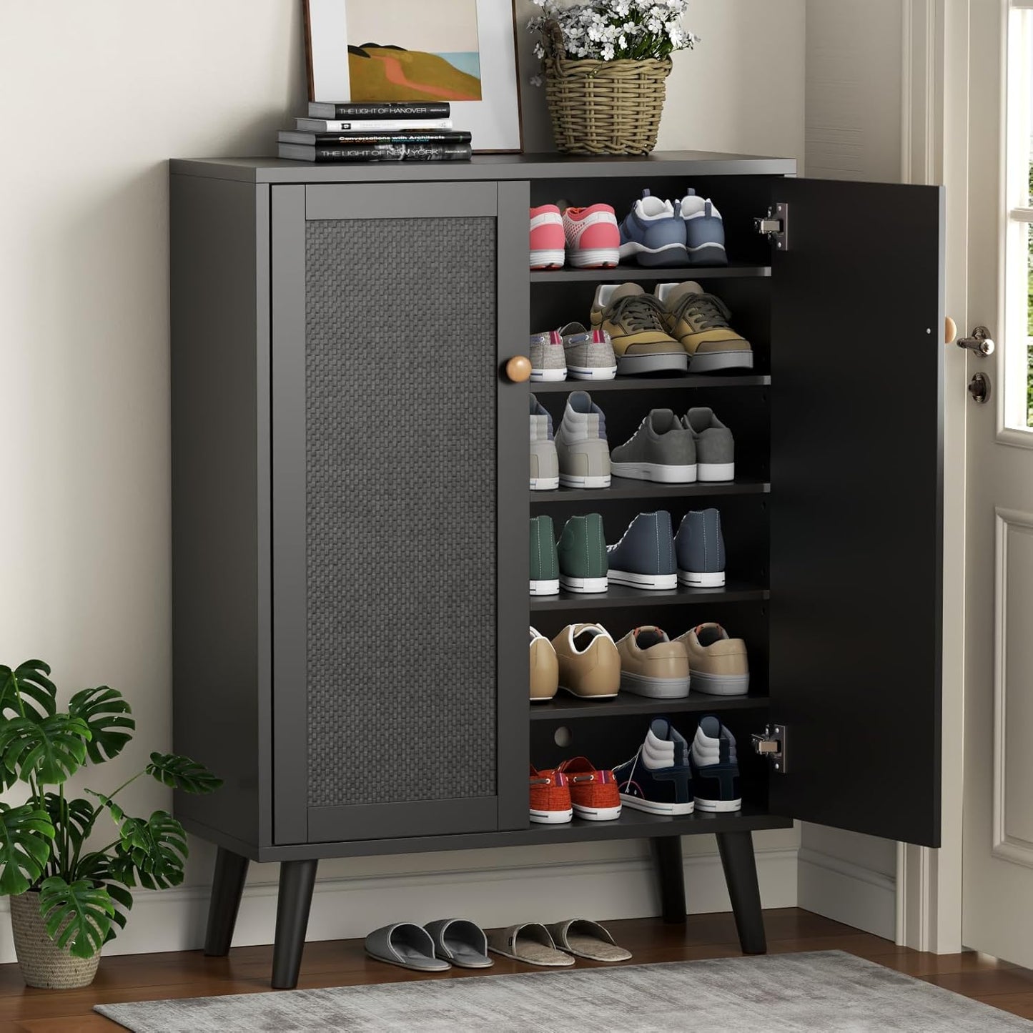 Rattan Shoe Cabinet, 6-Tiers Shoe Storage Cabinet for Entryway Hallway, 2 Door Accent Cabinet with Adjustable Shelves, 44" H Tall Sideboard Storage Cabinet Closet Living Room (Black)
