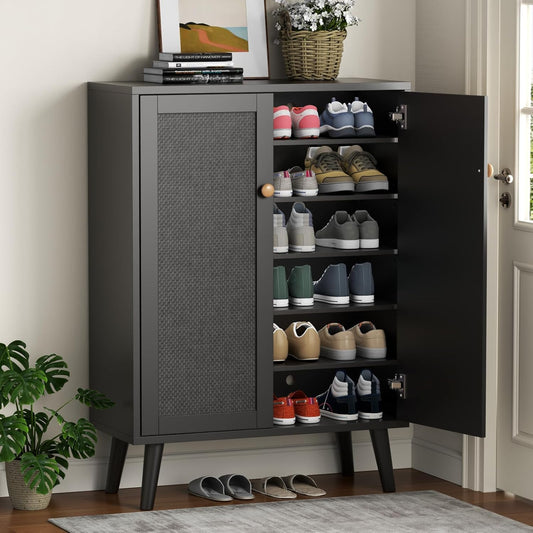 Rattan Shoe Cabinet, 6-Tiers Shoe Storage Cabinet for Entryway Hallway, 2 Door Accent Cabinet with Adjustable Shelves, 44" H Tall Sideboard Storage Cabinet Closet Living Room (Black)