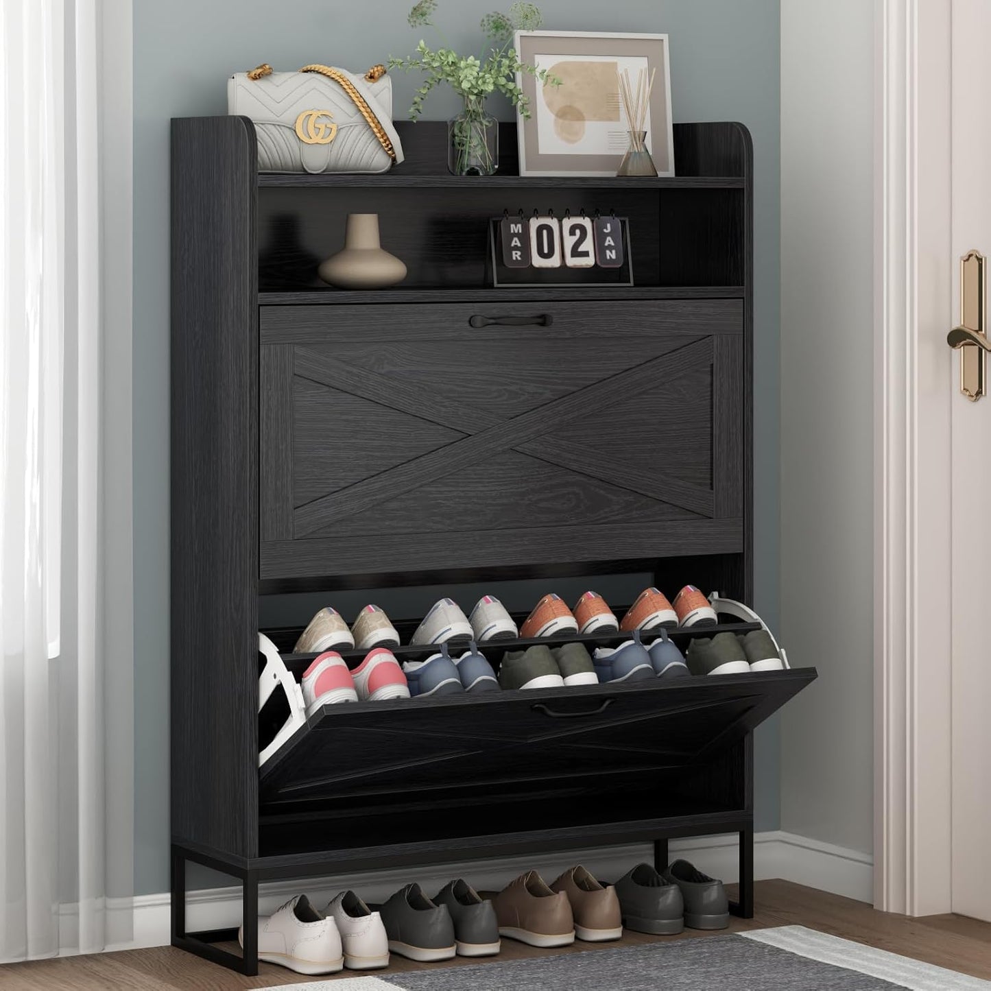 Shoe Cabinet, Freestanding Tipping Bucket Shoe Storage Cabinet with 2 Flip Drawers, Entryway Shoe Rack with Storage Top Cubby, Narrow Slim Hidden Shoe Organizer with Doors (Black)