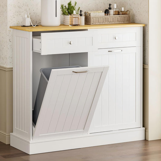 20 Gallon Double Tilt Out Trash Cabinet with Charging Station, Upgrade Wooden Free Standing Trash Cabinet with Outlet,Recycling Cabinet with Hideaway Drawer (White)