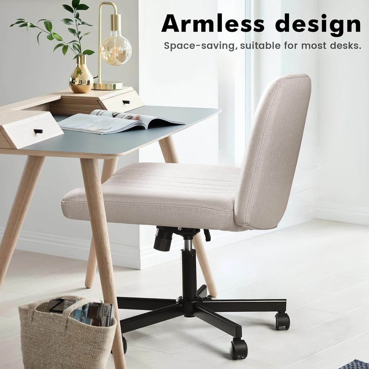 Armless Chair with Wheels, Armless Wide Cross Legged Office Desk Chairs, Fabric Rocking Swivel Computer Task Vanity Makeup Chair for Home Office