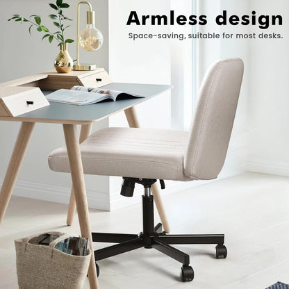 Armless Chair with Wheels, Armless Wide Cross Legged Office Desk Chairs, Fabric Rocking Swivel Computer Task Vanity Makeup Chair for Home Office