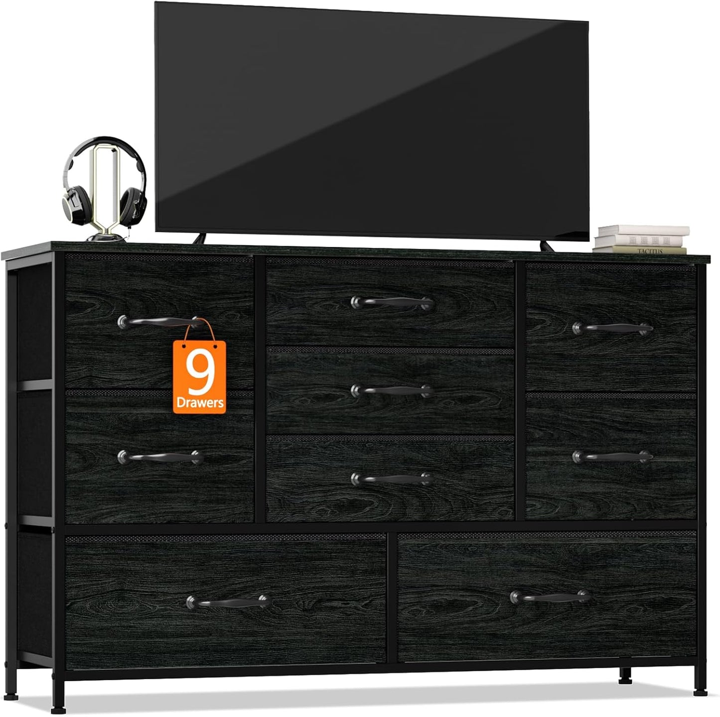 Black Bedroom Dresser for 55" Long TV Stand, 9-Drawer Bedroom Storage Cabinet