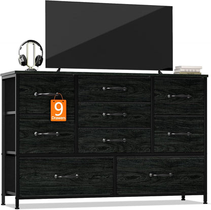 Black Bedroom Dresser for 55" Long TV Stand, 9-Drawer Bedroom Storage Cabinet