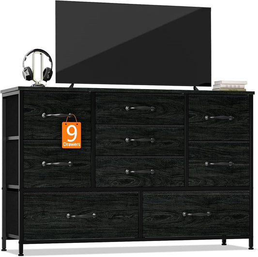 Black Bedroom Dresser for 55" Long TV Stand, 9-Drawer Bedroom Storage Cabinet