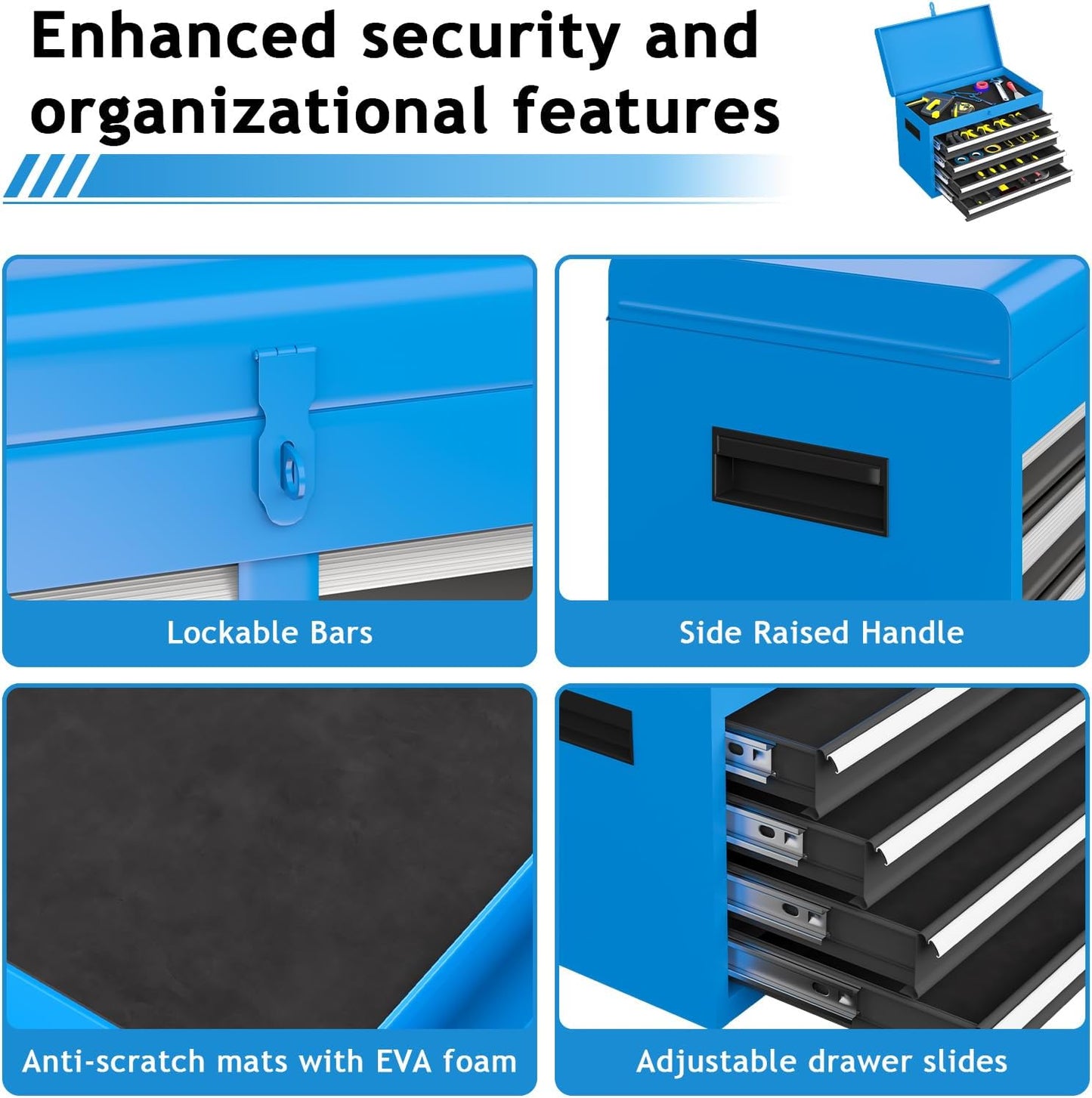 5-Drawer Tool Chest, Rolling Tool Storage Cabinet with Enhanced Packaging, Lockable Wheels, Detachable Top Tool Box, Metal Tool Cart for Garage, Workshop, Blue