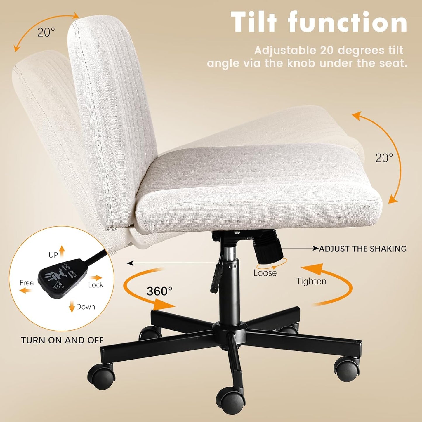 Armless Chair with Wheels, Armless Wide Cross Legged Office Desk Chairs, Fabric Rocking Swivel Computer Task Vanity Makeup Chair for Home Office
