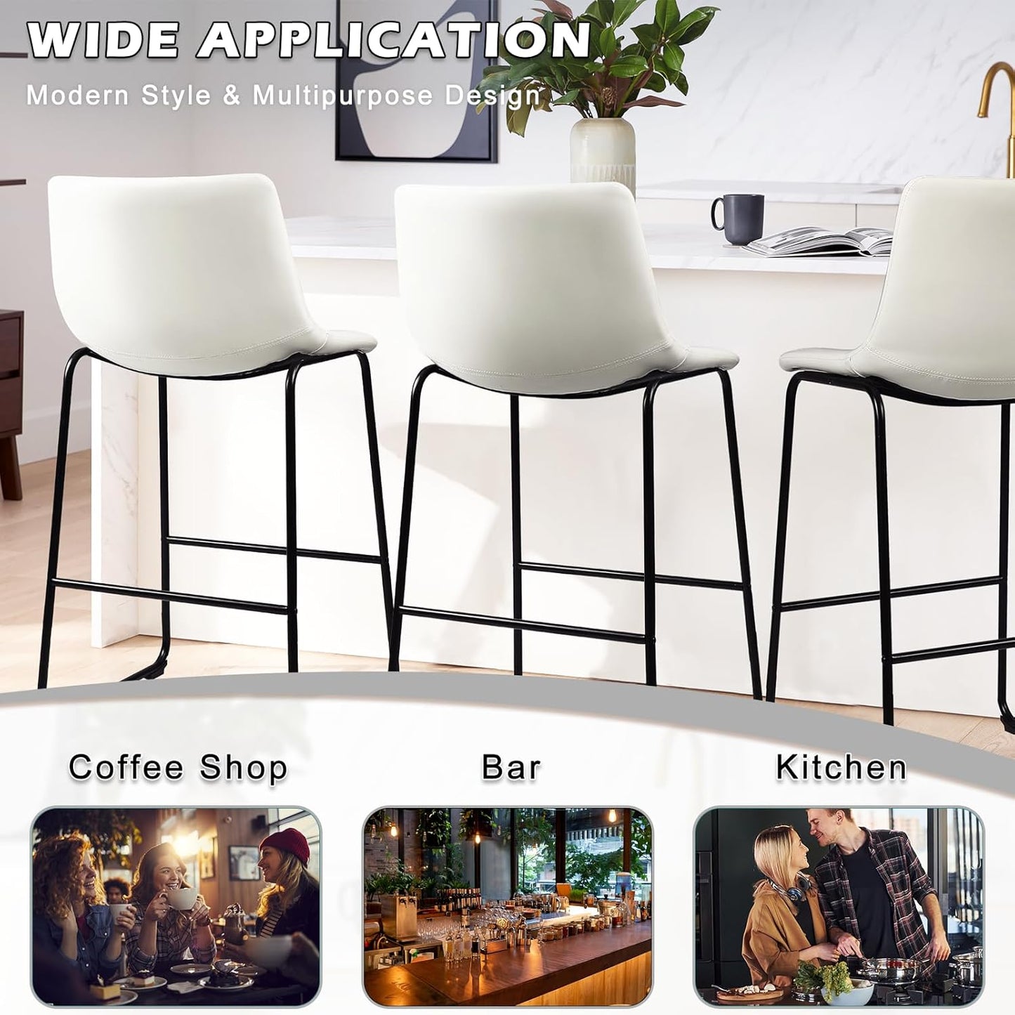 Counter Height Bar Stools Set of 2,Barstools with Back,Faux Leather Counter Stools for Kitchen Island,Modern Bar Chairs with Metal Legs(White, 26")