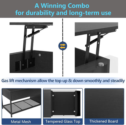 Lift Top Coffee Table with LED Light & Power Outlet, Retro Coffee Tables with Storage Drawers Hidden Compartment, Centre Table with Tempered Glass Top, Side Bag for Living Room (Black)