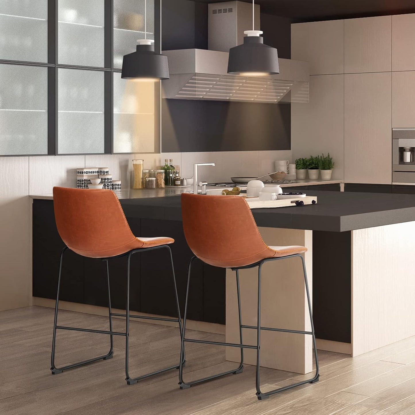 Counter Height Bar Stools Set of 2, Modern Counter Stool Faux Leather Barstools with Back, 26 inch Seat Height Island Stools Countertop Comfortable Brown Bar Chairs with Metal Legs