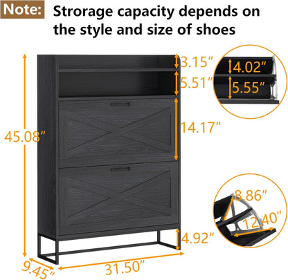 Shoe Cabinet, Freestanding Tipping Bucket Shoe Storage Cabinet with 2 Flip Drawers, Entryway Shoe Rack with Storage Top Cubby, Narrow Slim Hidden Shoe Organizer with Doors (Black)