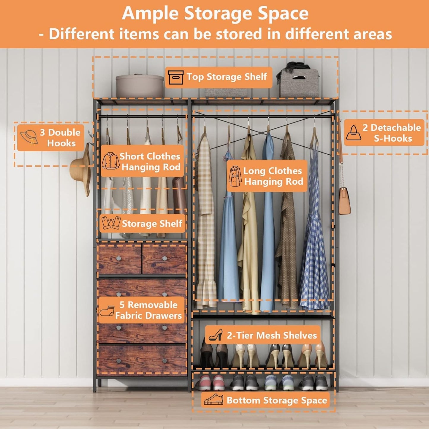 Heavy Duty Clothes Rack with 5 Drawers & 4 Storage Shelves, 70.9Hx59.1W Clothing Rack with 2 Hanging Rods, Wardrobe Closet Rack with 5 Hooks, Freestanding Garment Rack (Rustic Brown)