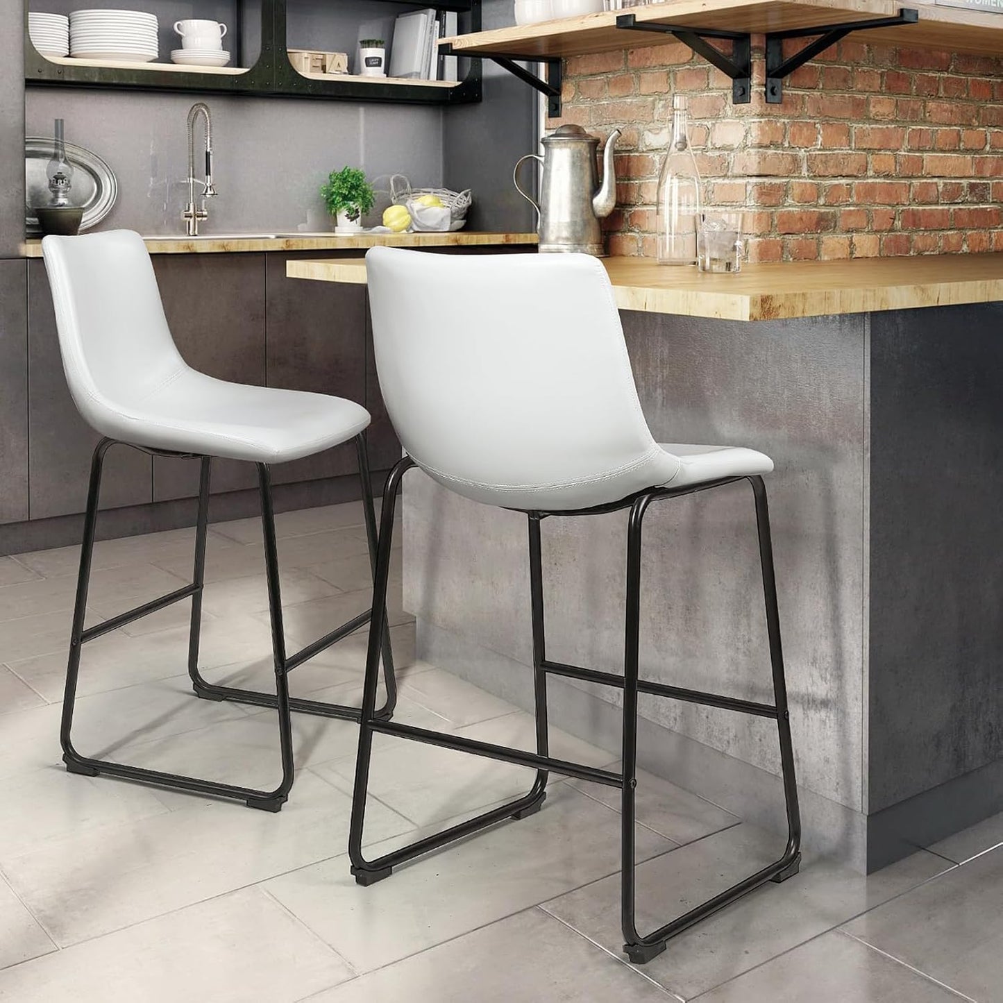 Counter Height Bar Stools Set of 2,Barstools with Back,Faux Leather Counter Stools for Kitchen Island,Modern Bar Chairs with Metal Legs(White, 26")