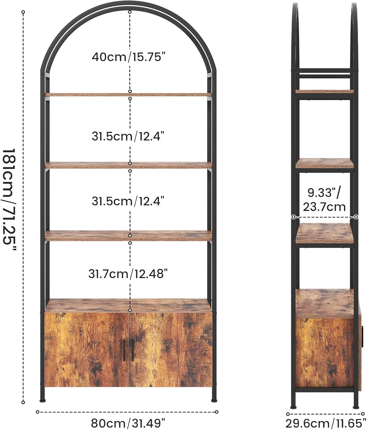 Arched Bookshelf with Doors, 71" Tall Industrial Bookcase with Sturdy Metal Frame, Vintage Display Shelving Unit, Rustic Geometric Book Shelf for Lving Room, Bedroom, Home Office