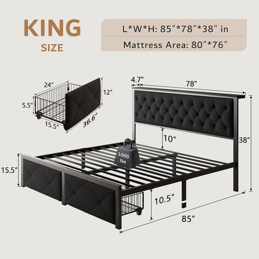 King Bed Frame with 2 Storage Drawers, Linen Upholstered Headboard Platform Bed with Charging Station, No Box Spring Needed, Metal Slats Support, Noise-Free, Easy Assembly, Black