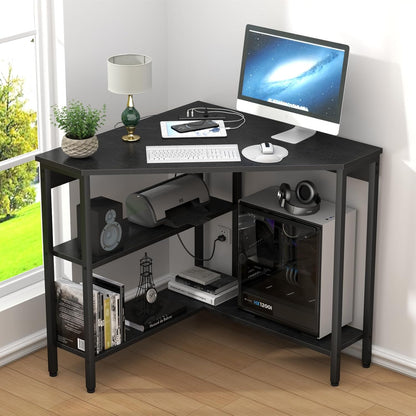 Corner Desk with Outlets & USB Ports, 90 Degree Triangle Corner Table with CPU Stand & Storage Shelves for Small Space, Computer Table with Charging Station for Home Office Bedroom (Black)