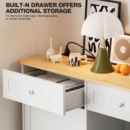 20 Gallon Double Tilt Out Trash Cabinet with Charging Station, Upgrade Wooden Free Standing Trash Cabinet with Outlet,Recycling Cabinet with Hideaway Drawer (White)