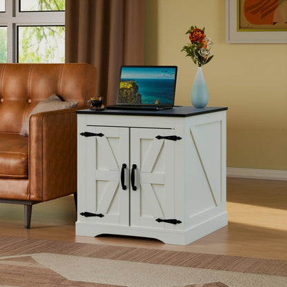 Farmhouse End Table, Sofa Side Table with Charging Station, 24" Large Wood Square Nightstand with Doors, Modern Storage Cabinet for Living Room, Bedroom, Entryway (White)