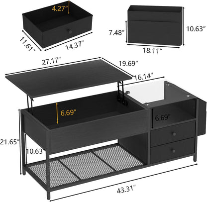 Lift Top Coffee Table with LED Light & Power Outlet, Retro Coffee Tables with Storage Drawers Hidden Compartment, Centre Table with Tempered Glass Top, Side Bag for Living Room (Black)