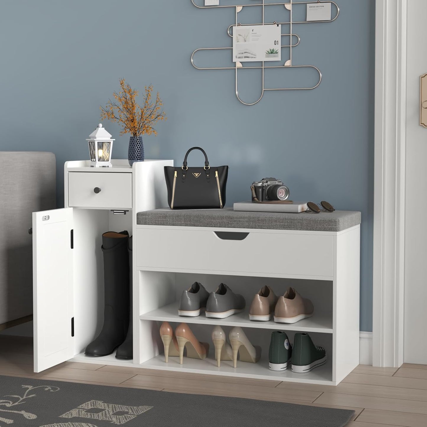 Shoe Storage Bench, 2-Tier Farmhouse Entryway Bench with Lift Top Storage Box, Drawer & Soft Removable Seat Cushion, Silm Shoe Rack with Shoe Cabinet for Entryway, Hallway, Bedroom, White