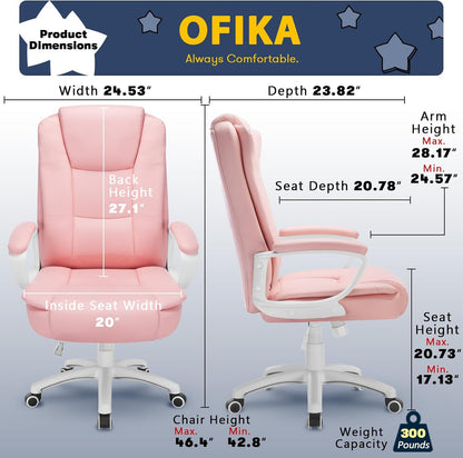 Home Office Chair, Ergonomic Desk Chair, Adjustable Task Chair for Lumbar Back Support, Computer Chair with Rolling Swivel and Armrest, Modern Executive High Back Leather Chairs (Pink)