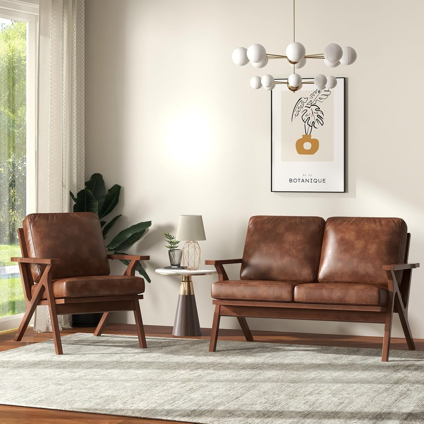 Mid-Century Modern Accent Chair for Living Room, Comfy Upholstered Faux Leather Armchair, Retro Leisure Reading Nook Chair with Wooden Frame, Brown