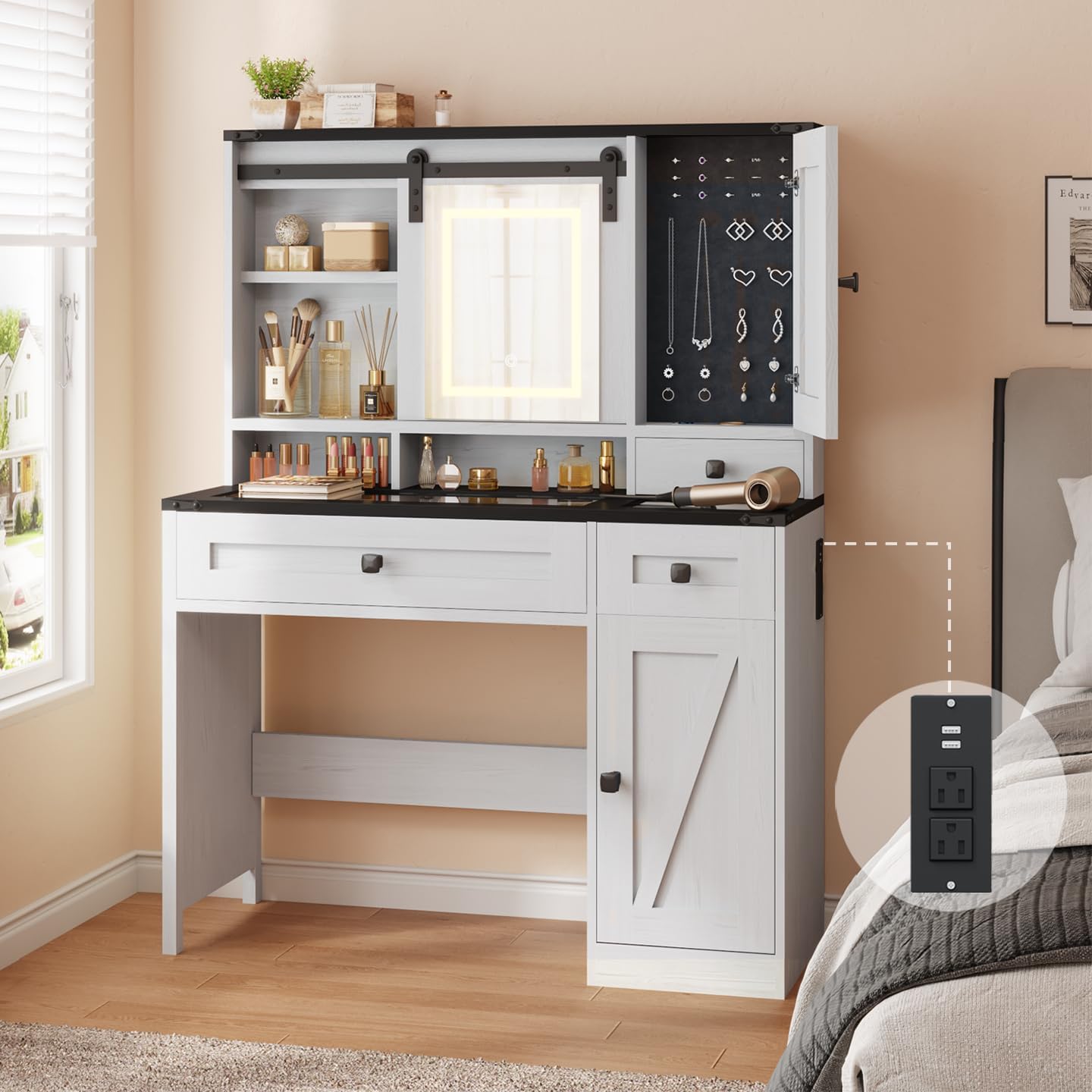 42" Farmhouse Makeup Vanity Desk with Lighted Mirror & Power Strips, Vanity Table with Sliding Barn Door, Open & Hidden Shelves, Drawers, Jewelry Cabinet, White Dressing Table, Light