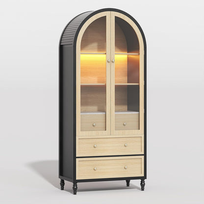 73 Inch Tall Arched Cabinet with Doors, Arched Storage Cabinet, Black-Oak Kitchen Pantry, LED Lighted Display Case, Boho Arch Bookshelf for Kitchen Dining Room Living Room, Black