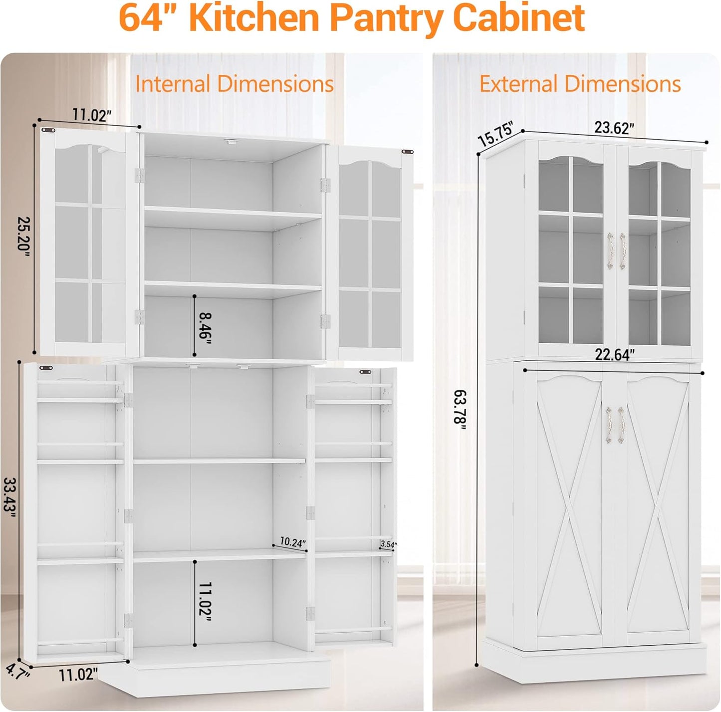 64” Kitchen Pantry Cabinets, White Freestanding Kitchen Pantry Storage Cabinet with Adjustable Shelves & Doors, Buffet Cupboards Sideboard Tall Storage Cabinet for Home Office Use