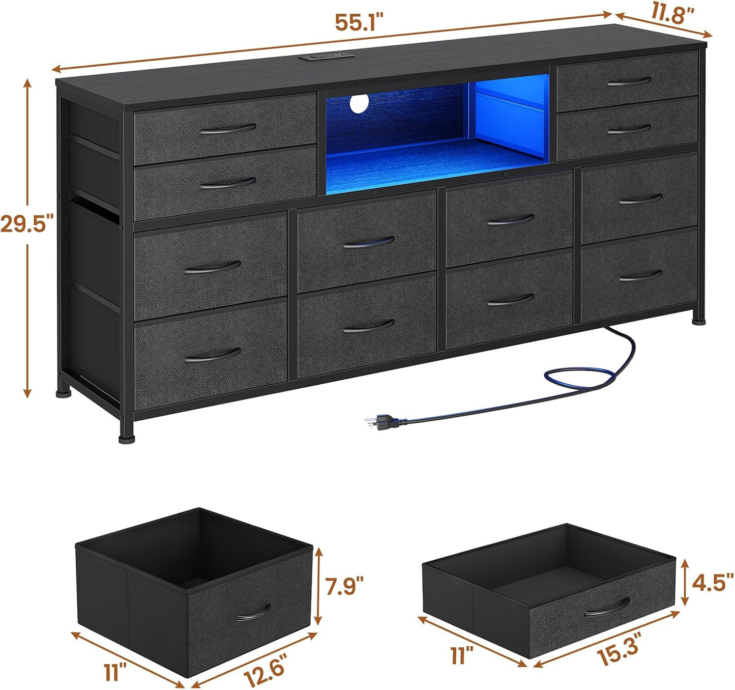 LED TV Stand Dresser for Bedroom with Power Outlets, 55 inch Entertainment Center with 12 Drawers, Media Console Table for 32/45/55/65 inch TVs, Chest of Drawers for Bedroom, PU Black