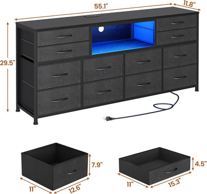 LED TV Stand Dresser for Bedroom with Power Outlets, 55 inch Entertainment Center with 12 Drawers, Media Console Table for 32/45/55/65 inch TVs, Chest of Drawers for Bedroom, PU Black