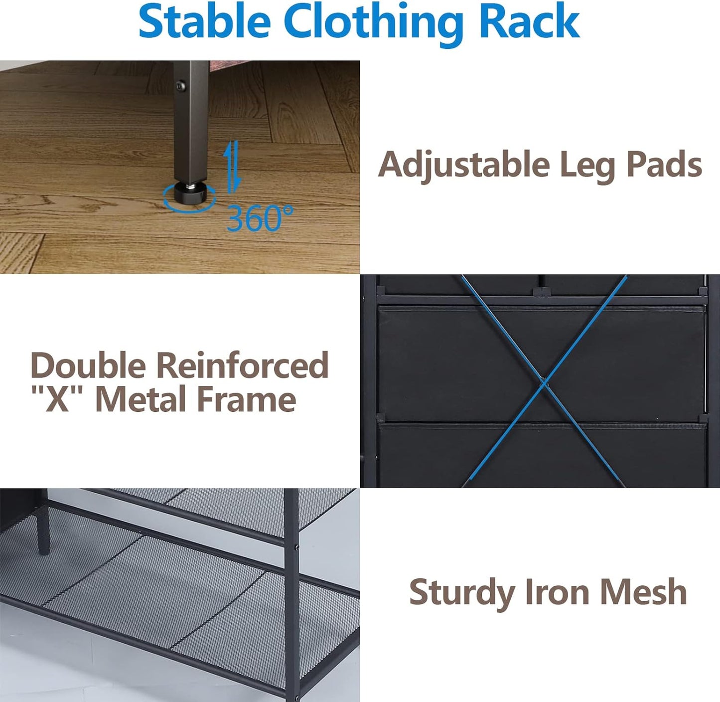 Heavy Duty Clothes Rack with 5 Drawers & 4 Storage Shelves, 70.9Hx59.1W Clothing Rack with 2 Hanging Rods, Wardrobe Closet Rack with 5 Hooks, Freestanding Garment Rack (Rustic Brown)